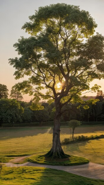 Photo single tree in a park sunset golden hours relaxing nature photography