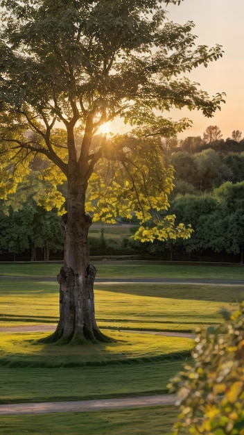 Photo single tree in a park sunset golden hours relaxing nature photography