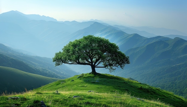 Foto un singolo albero si erge su una collina erbosa incorniciata da montagne lontane