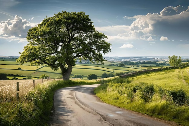 Single Tree with Road in English Countryside