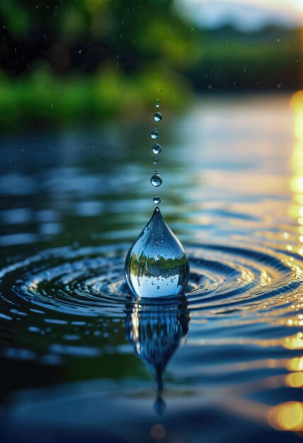 A single water droplet delicately rests upon the surface of still water