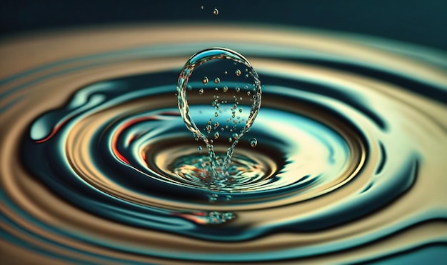 A single water droplet falling into a pool creating a dramatic ripple effect