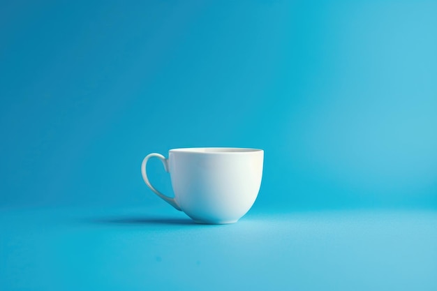 A single white coffee cup against a solid blue background