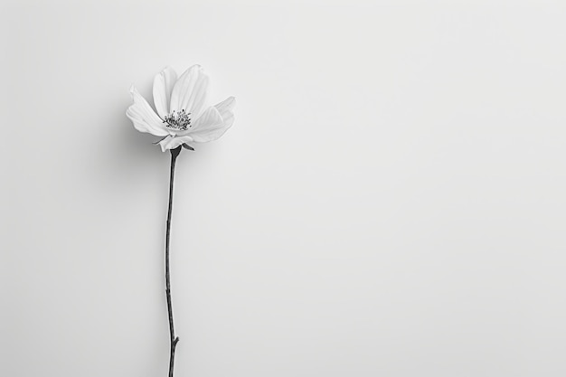 Photo a single white flower stands out against a white wall creating a minimalist and elegant composition a monochromatic piece showcasing the beauty of simplicity on a smooth white backdrop