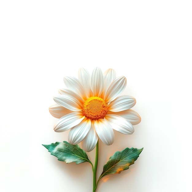 Single White Flower With Green Leaves on White Background Generative AI