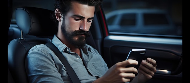 現代的な髪と口ひげを生やした独身の白人男性が、車内でスマートフォンを使ってテキスト メッセージやオンライン コミュニケーションを行っている