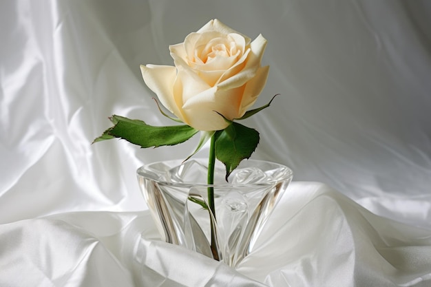 Single white rose bud in a crystal vase on a white tablecloth