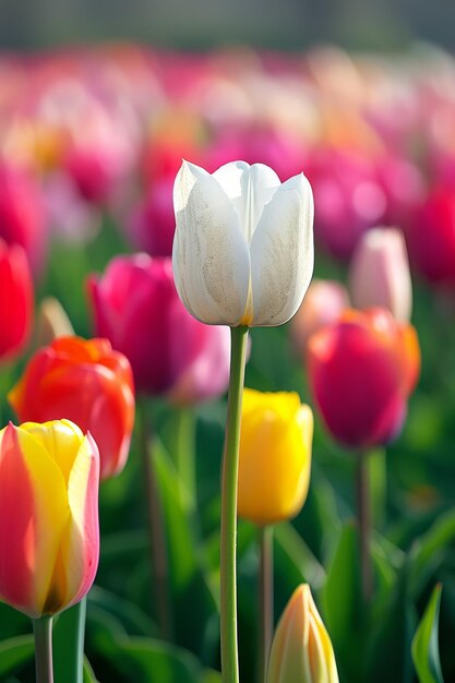 Single white tulip standing out in a colorful tulip field