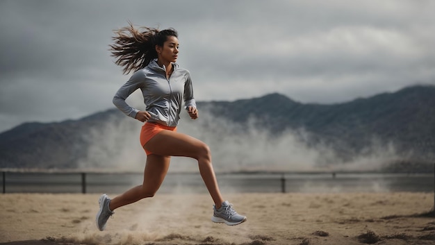 Photo single white woman with fit body running against grey background