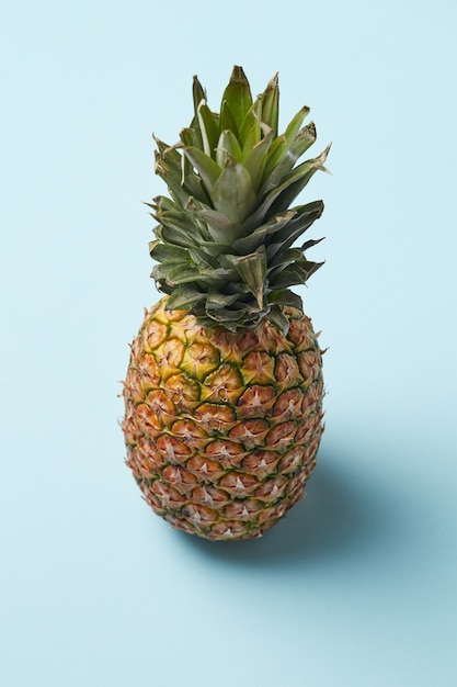 Single whole pineapple isolated on blue background