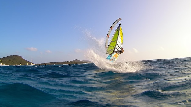 Foto singolo windsurfista che si gode le onde