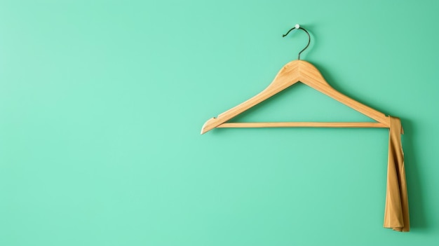 A single wooden hanger hanging gracefully on a vibrant green background
