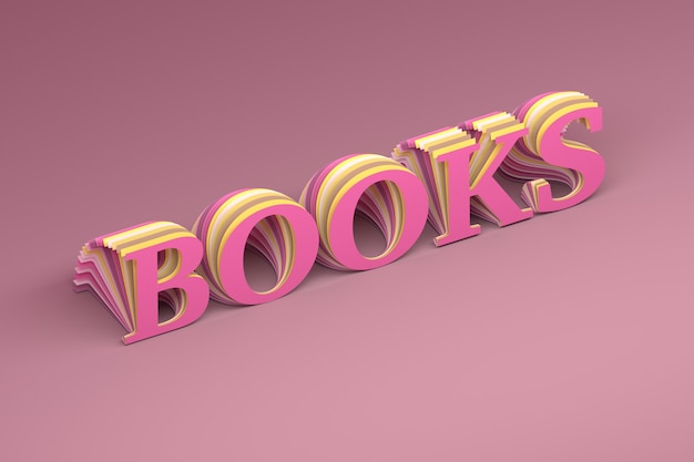 Single word Books with rotated paper cut out effect on pink background. 3d illustration.