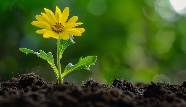 Single yellow flower blooming in fertile soil against a blurred green background