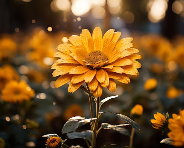 A single yellow flower in a field of green leaves