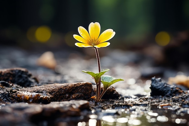 a single yellow flower is growing out of the ground