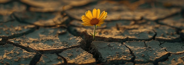 Photo a single yellow flower sprouting from cracked dry earth a powerful image of life and resilience