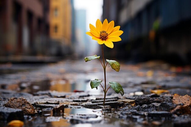 a single yellow flower stands in the middle of a puddle