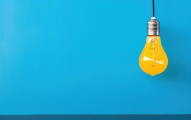 Single Yellow Light Bulb Glowing Against a Blue Backdrop