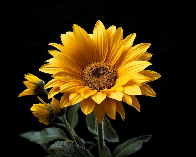 a single yellow sunflower on a black background
