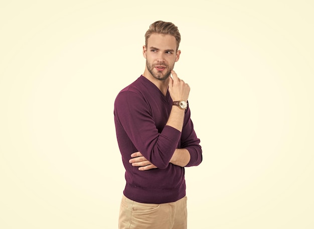 Single young guy wear violet pullover with casual pants isolated on white bachelor