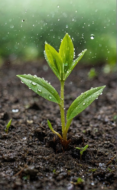 Single young plant growing up vertical background