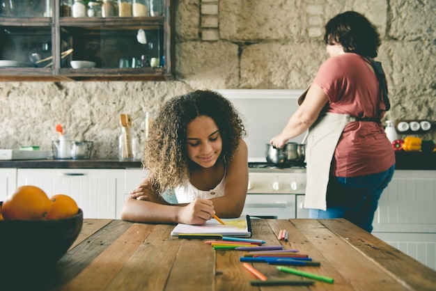 singleparent family in the kitchen of their home sharing moments together