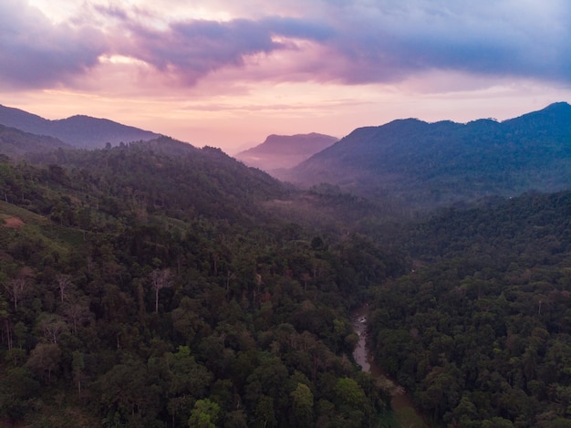 Riserva naturale della foresta pluviale di sinharaja sri lanka vista aerea al tramonto montagne giungla antica foresta