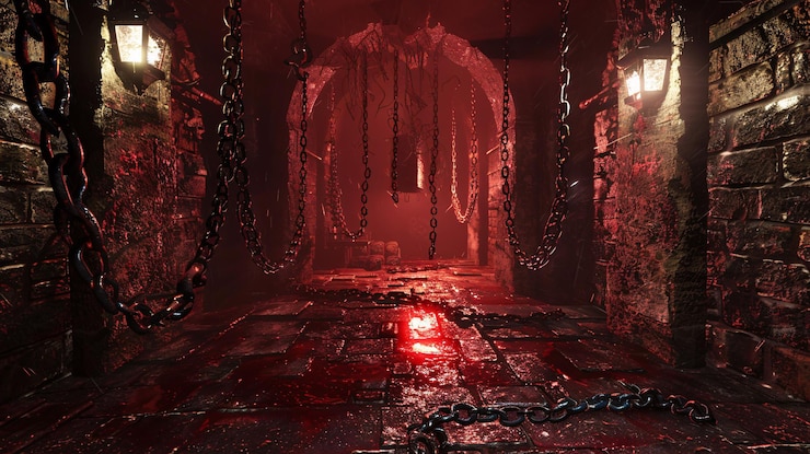 Photo sinister 3d dungeon encountering creepy creatures and chains