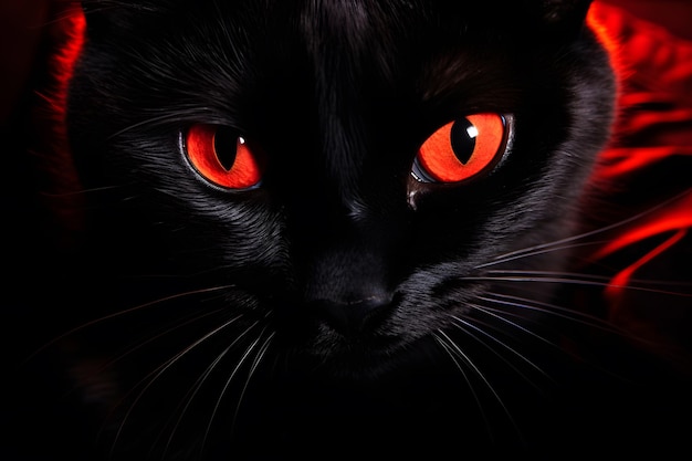 Зловещая черная кошка с светящимися глазами.