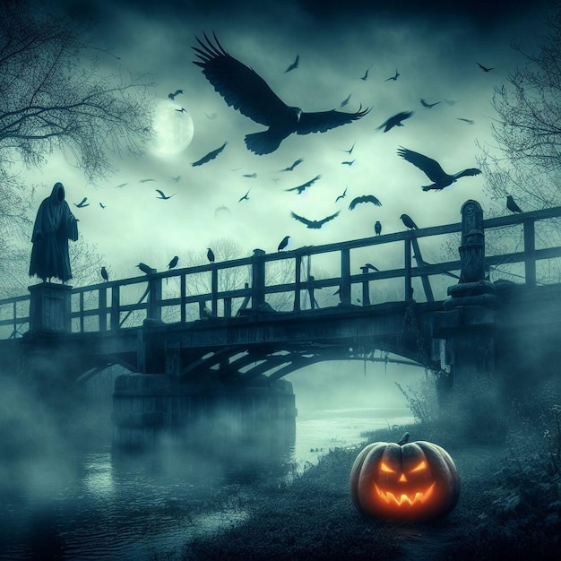 a sinister bridge over a river with crows circling above and a sinister pumpkin guardian