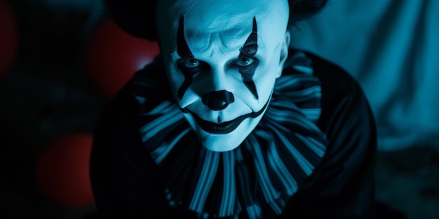 Фото Зловещий клоун в пугающей белой маске в ночь хэллоуина