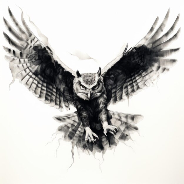 Photo the sinister flight a haunting pencil sketch of the malevolent eagle owl