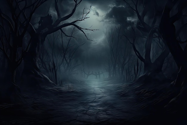 Photo sinister forest eerie trees under a large moon bathed in moonlight mist shade abstract dim frigid st