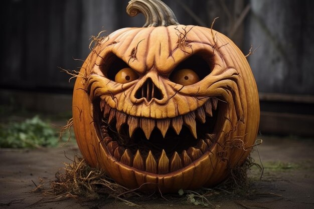 Photo sinister grin carved into a rotting pumpkin