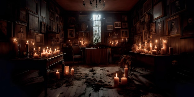 Photo sinister mansion with creepy dolls and portraits lining the walls with flickering candles and creaking floorboards adding to the spooky ambiance generative ai