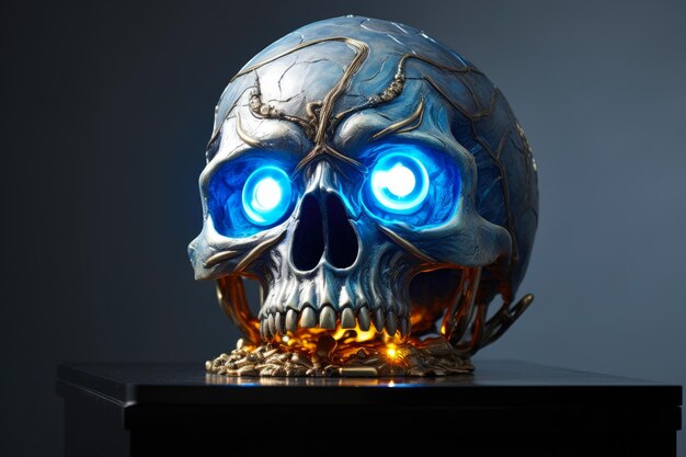 Sinister Metal Skull in Blue Glow