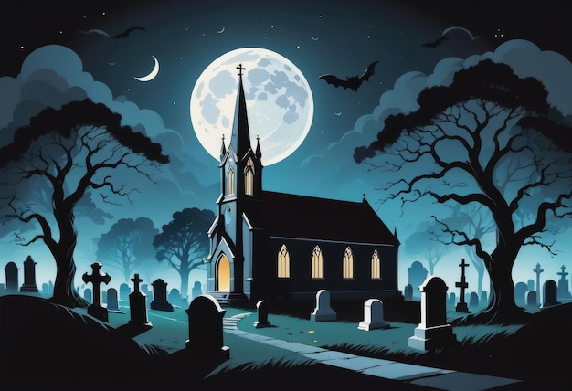 A sinister moonlit churchyard with howling winds