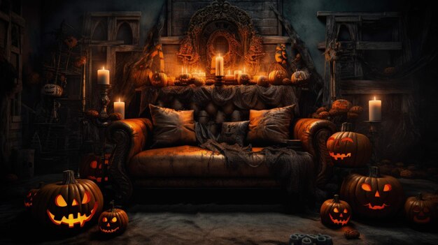 sinister parlor a living room filled with halloween pumpkins