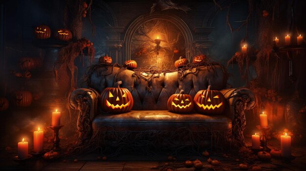 зловещая гостиная, наполненная хэллоуинскими тыквами