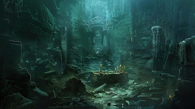 Sinister sacrificial altar in the depths of an ancient dungeon Ruins buildings of ancient civilizations mysticism paranormalism otherworldly forces magic Generative by AI