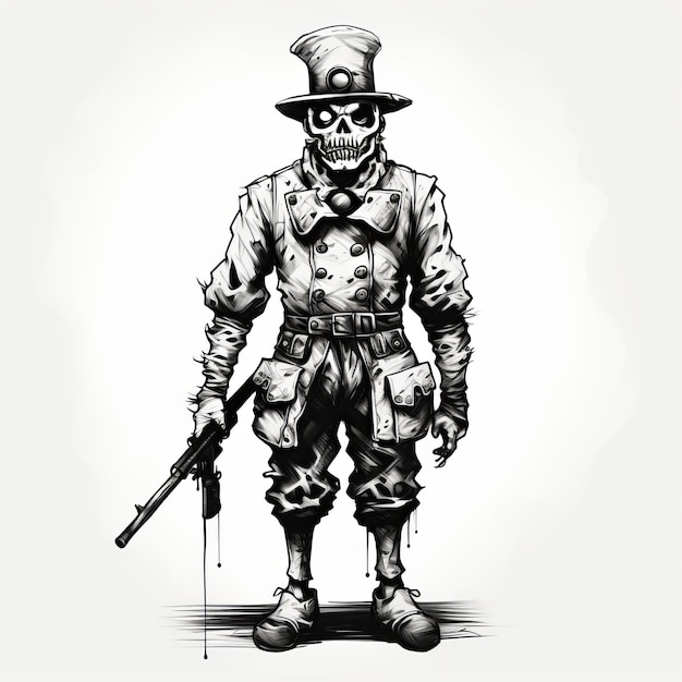 Photo the sinister schemer a black and white ink illustration of an evil full body clown soldier caricatu