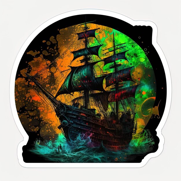 Sinister Seas Colorful Gothic Horror Pirate Ship Sticker