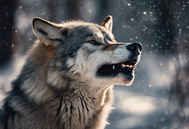 Фото Зловещий волк с красными глазами в мрачной ночной лесу, окутанный туманом, пугающий оборотня, улыбающийся в зловещей темной лесу, готовый к нападению, жертва, злой охотник на оборотня с рыжими глазами.