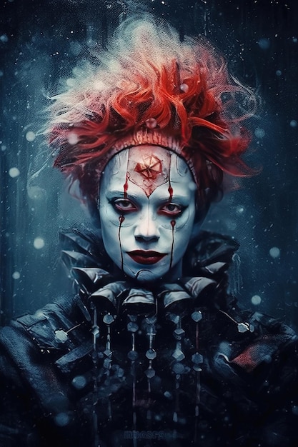 a sinisterlooking clown with red hair and makeup