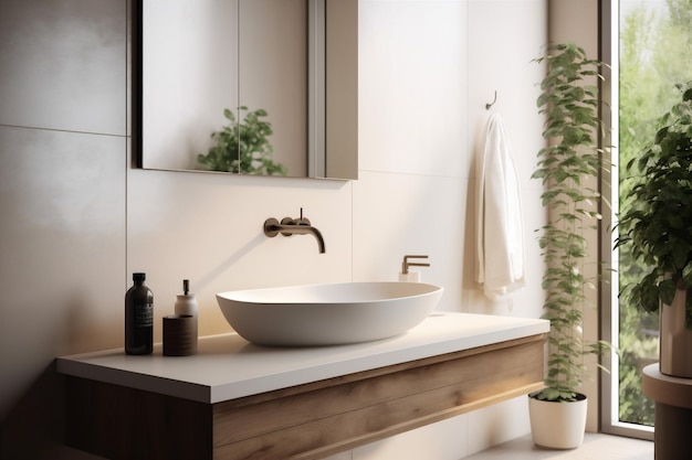 Sink faucet modern counter interior marble sunlight luxury house bathroom design Generative AI