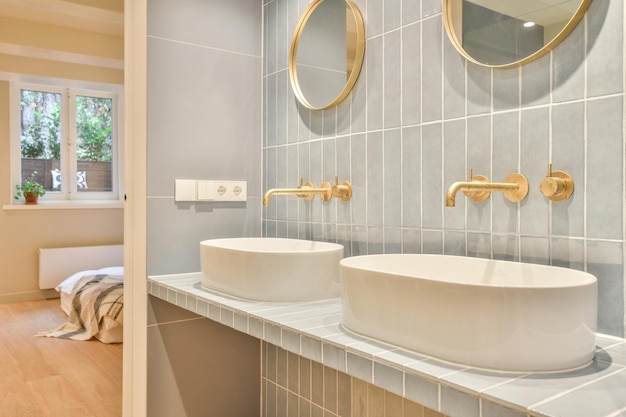 Sink and mirror in modern bathroom