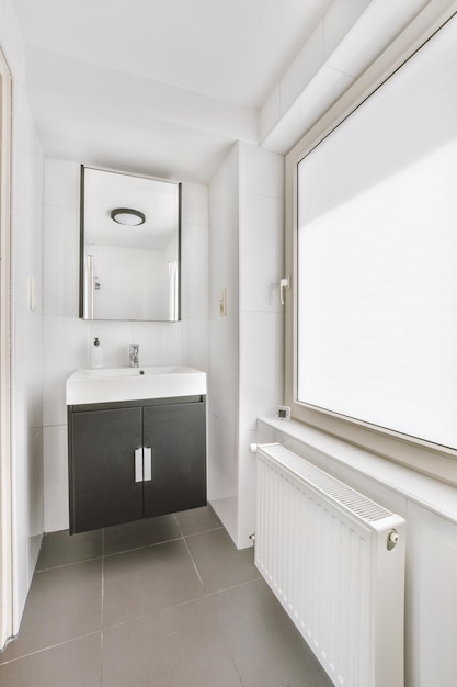 Sink and mirror in modern bathroom