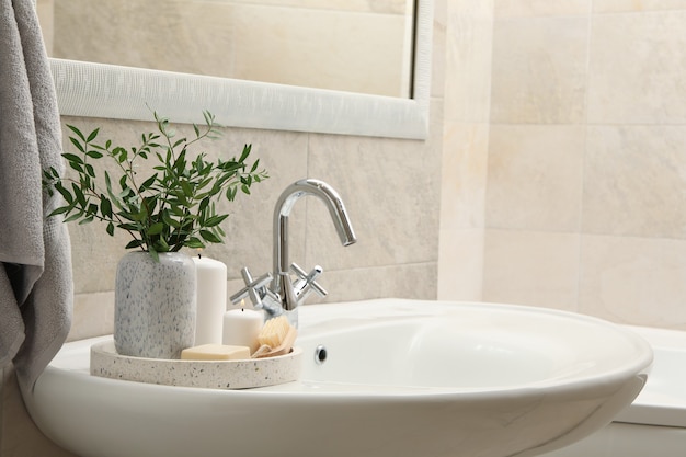 Sink and personal hygiene accessories in bathroom