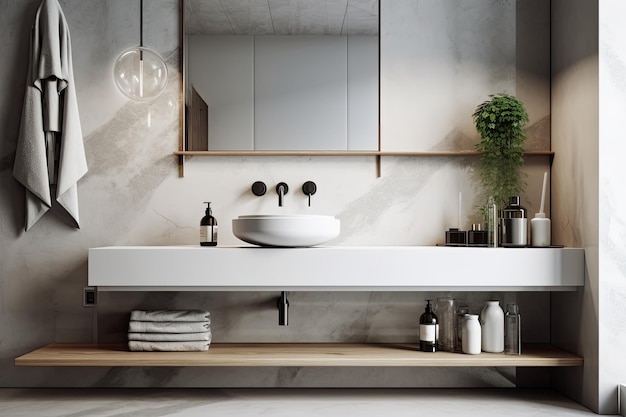 A sink that is hanging on a shelf within a bathroom